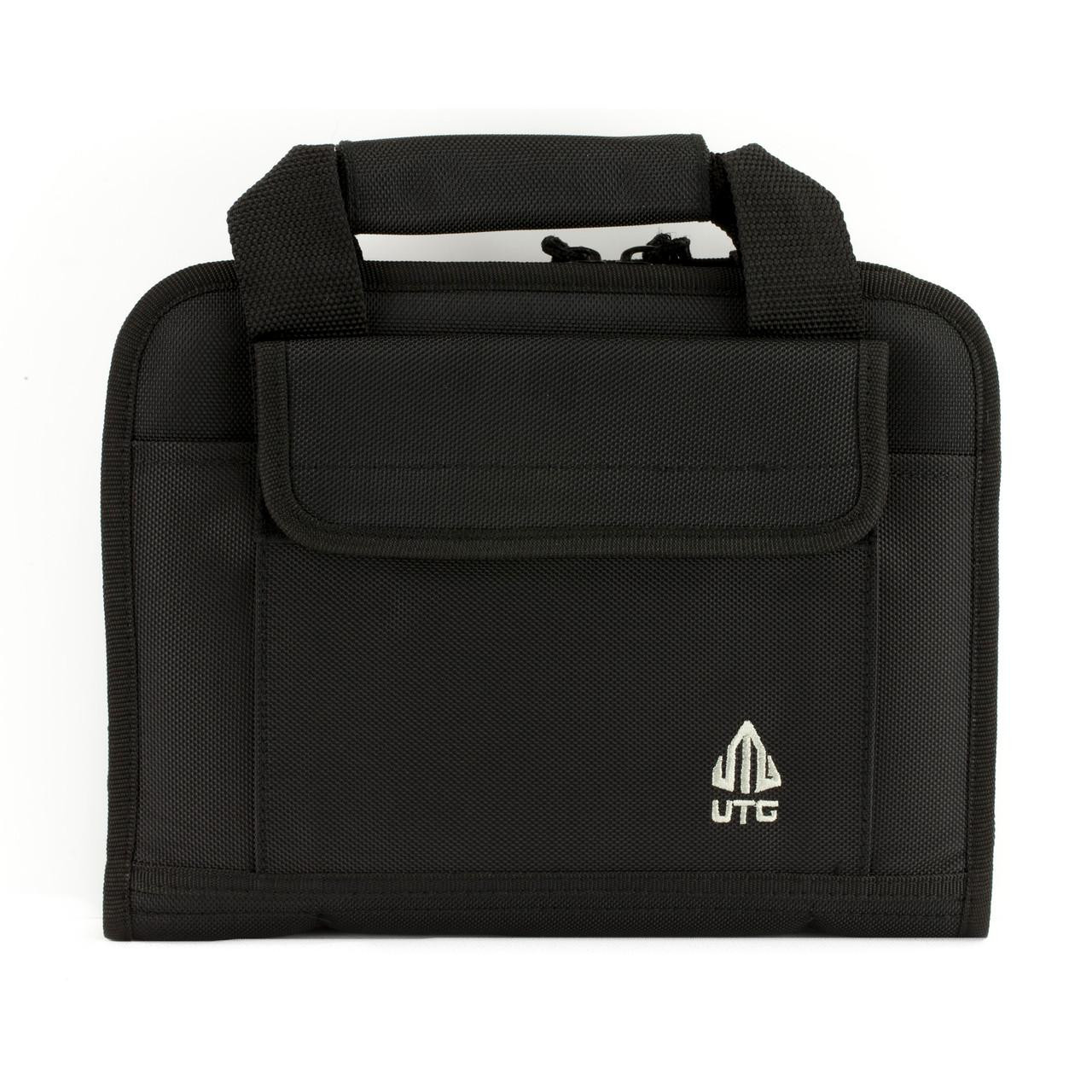 Leapers, Inc. - UTG UTG DELUXE SINGLE PISTOL CASE BLK, black padded carrying case for a handgun with a handle and zippered compartments.