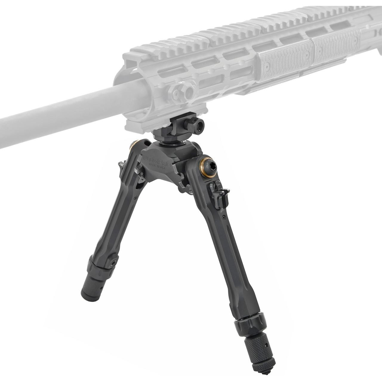 Leapers, Inc. - UTG UTG PRO TBNR 7-9 inch Picatinny Bipod, adjustable black bipod attached to a firearm with a Picatinny rail for stability and precision shooting.