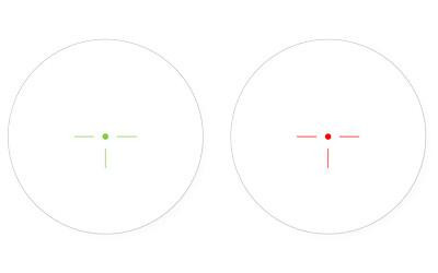 Leapers, Inc. - UTG 6" ITA R/G CQB T-DOT Sight with Mount, image showing two tactical sight reticles, one green and one red, within circular viewports.