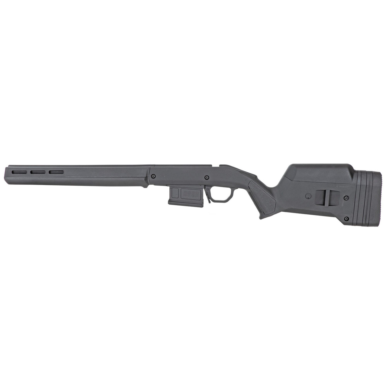 Magpul Industries MAG931-BLK Hunter American Stock for Ruger American Short Action Rifles, adjustable length, ergonomic design, M-LOK compatible, black rifle stock on white background.