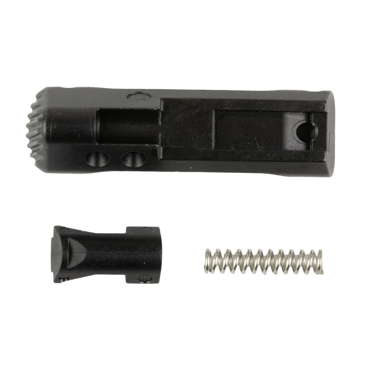 Magpul Industries SG9 Enhanced Mag Release Blk, black metal firearm component with accompanying parts including a small black attachment and a silver screw.