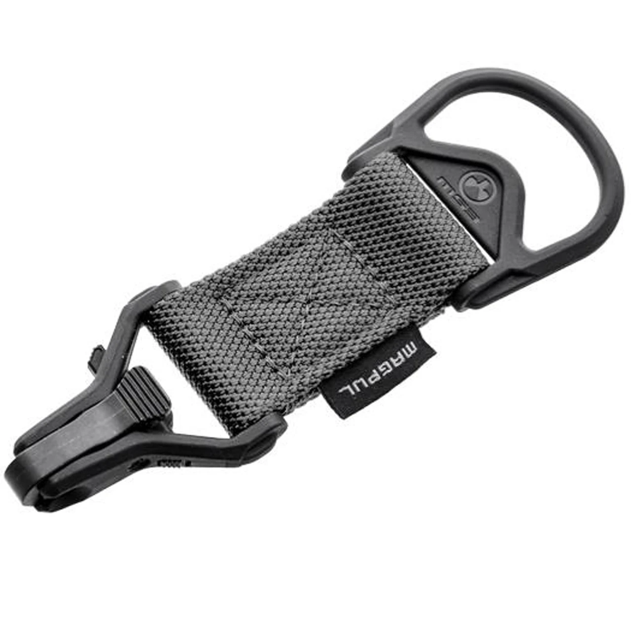 Magpul Industries MAG516-GRY MS1 Sling Adapter – Lightweight Durable Quick-Release Hardware for Versatile Firearm Conversion, with a textured fabric strap and quick-release buckle for easy firearm attachment and detachment.
