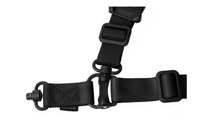 Magpul Industries MAGPUL MS4 DUAL QD SLING GEN2 BLK, black tactical dual quick detach sling with adjustable straps and sturdy clips.