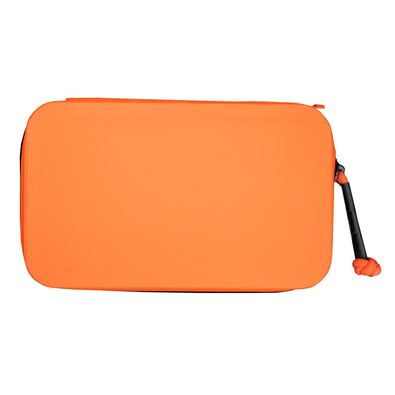 Magpul Industries MAGPUL DAKA UTILITY ORGANIZER ORG, orange water-resistant storage pouch with a black zipper and orange drawstring for organization and transportation of small items.