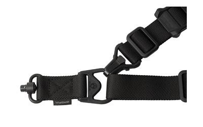 Magpul Industries MS3 Single QD Sling - GEN2, Quick Adjustable, One & Two Point, Heavy-Duty Swivel - MAG515-BLK, close-up of the black tactical weapon sling showing quick detach swivel and adjustable strap with rugged build.