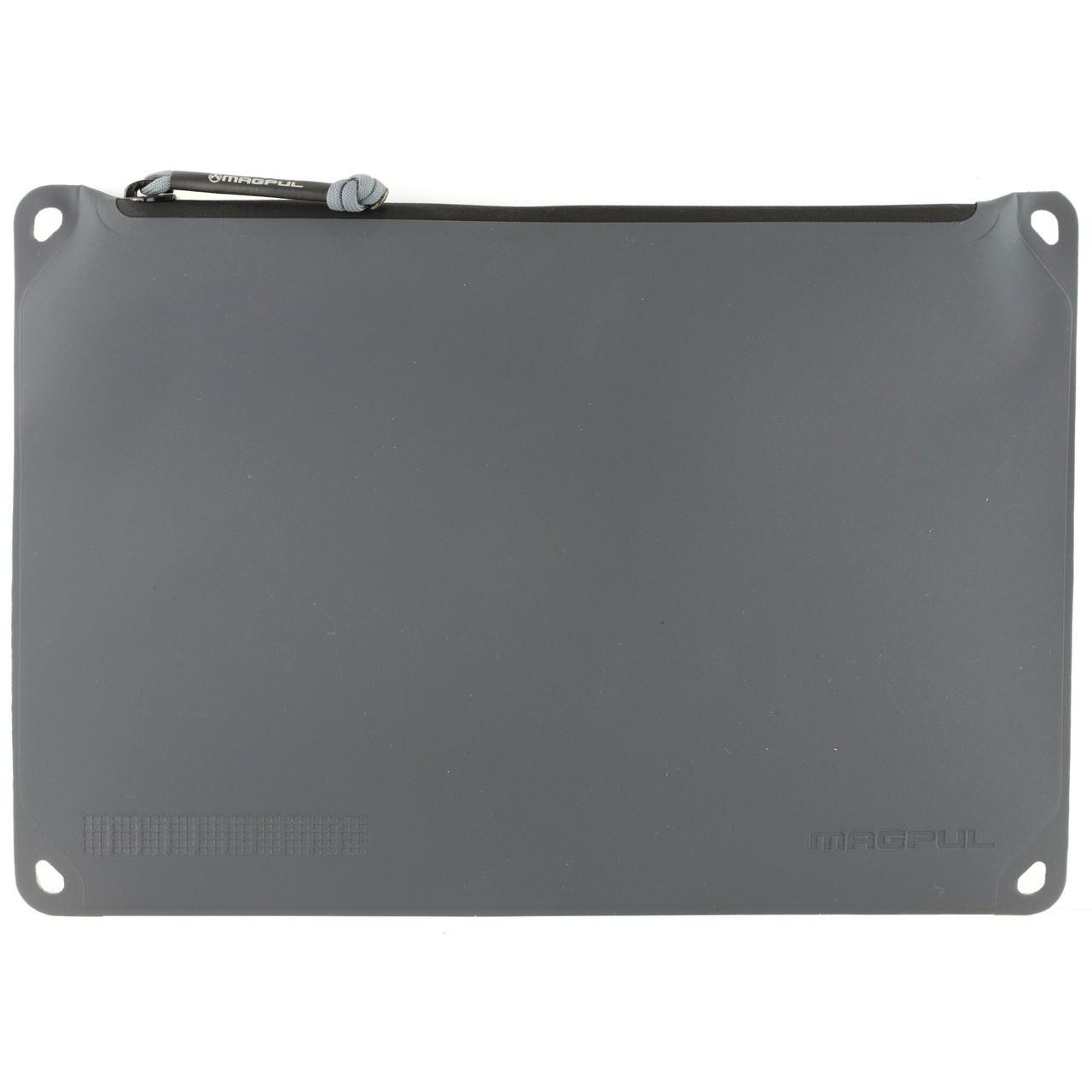 Magpul Industries MAGPUL DAKA POUCH LRG GRY 9X13, large gray storage pouch with a black carabiner and cord on the top corner.