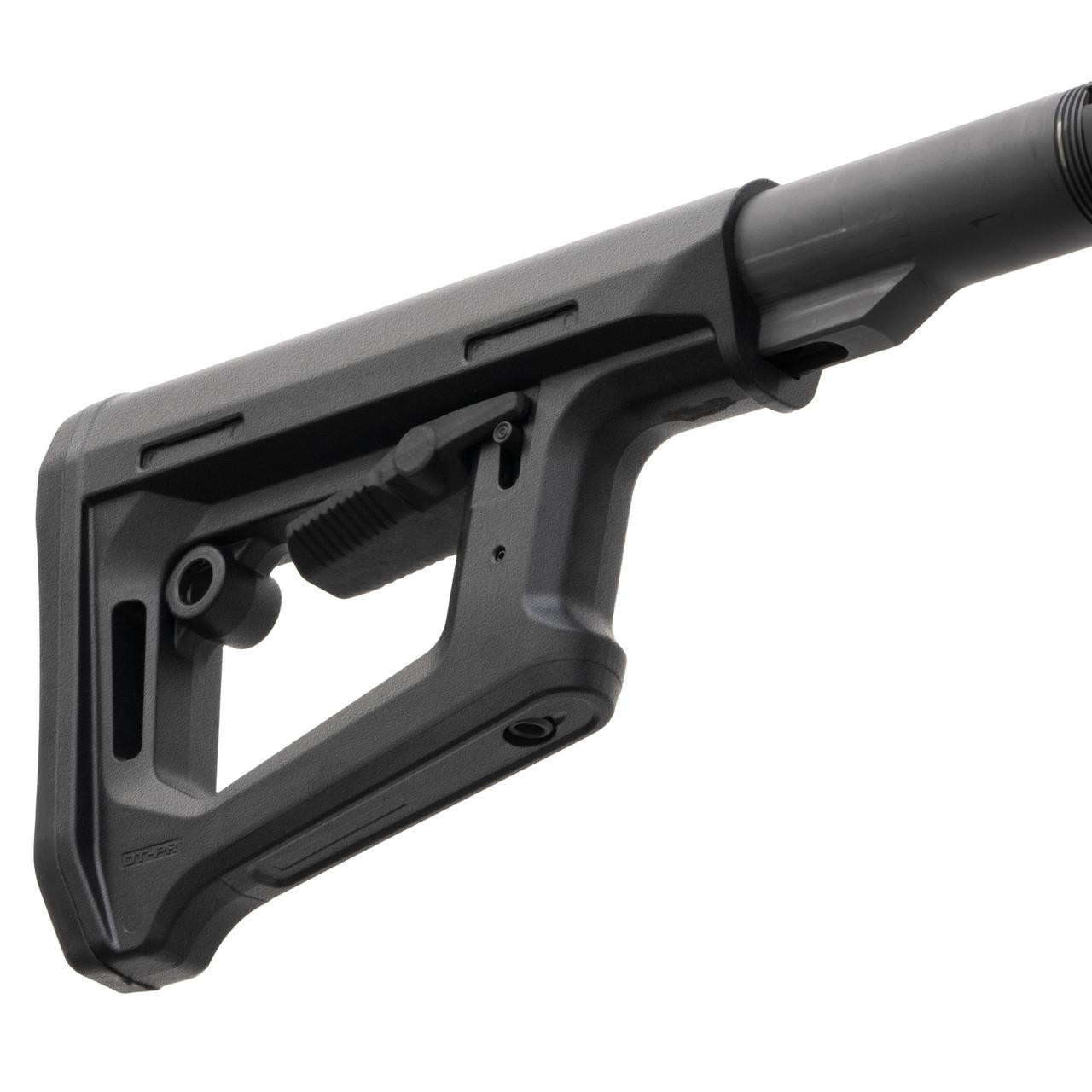 Magpul Industries DT-PR Carb Stock Mil-Spec Black, close-up image showing a tactical black rifle stock with adjustable cheek rest and ergonomic design.