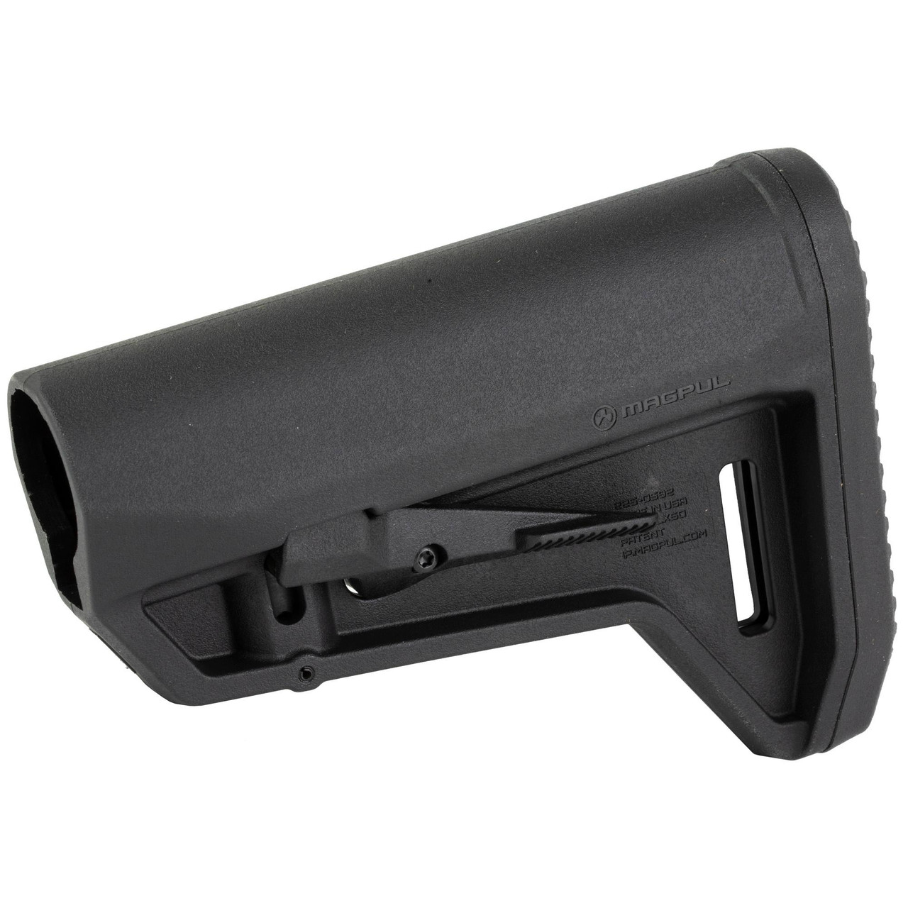 Magpul Industries Magpul MOE SL-M Carbine Stock - Mil-Spec, compact PDW-style AR15/M4 buttstock with ambidextrous release latch, in black color.