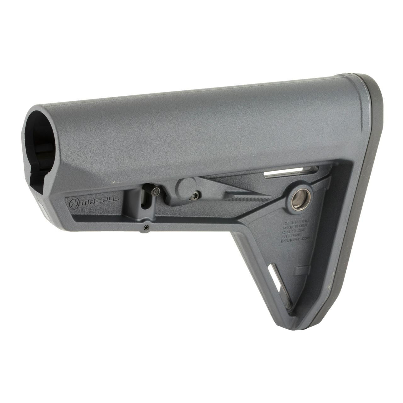 Magpul Industries MAG347-GRY Moe SL Carbine Stock Mil-Spec Gray, image of a lightweight gray firearm stock with a textured surface and adjustable features.