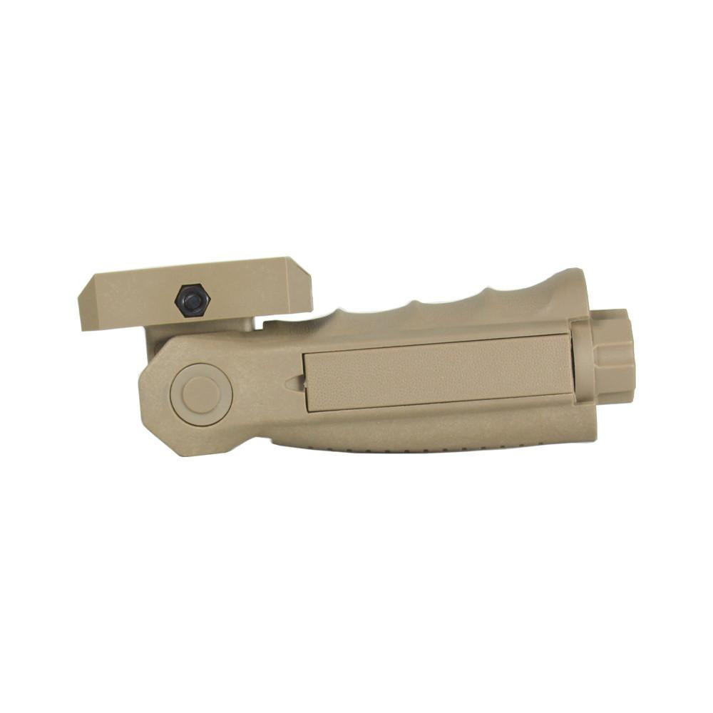 JE Machine Tech TS-FG7T Ergonomic Ambidextrous 5-position Foldable Foregrip Tan, tactical firearm accessory designed for versatile use and enhanced grip.
