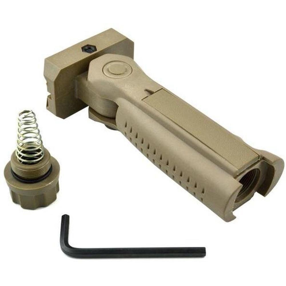 ABC SportZ Ergonomic Ambidextrous 5-position Foldable Foregrip Tan, tactical firearm accessory with foldable design and included tools.