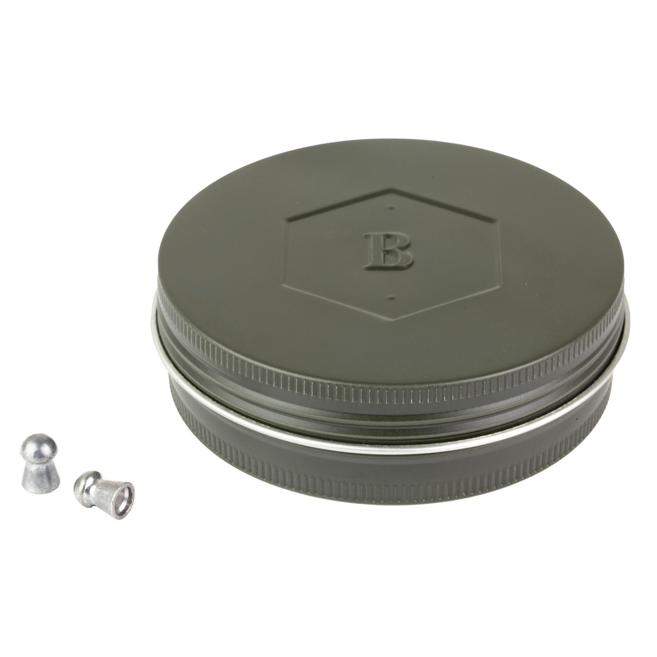 Benjamin Sheridan BD25 Match Grade .25 Caliber Airgun Pellets - Premium Precision for Target Shooting & Hunting, shown in a round gray storage container with two pellets outside.