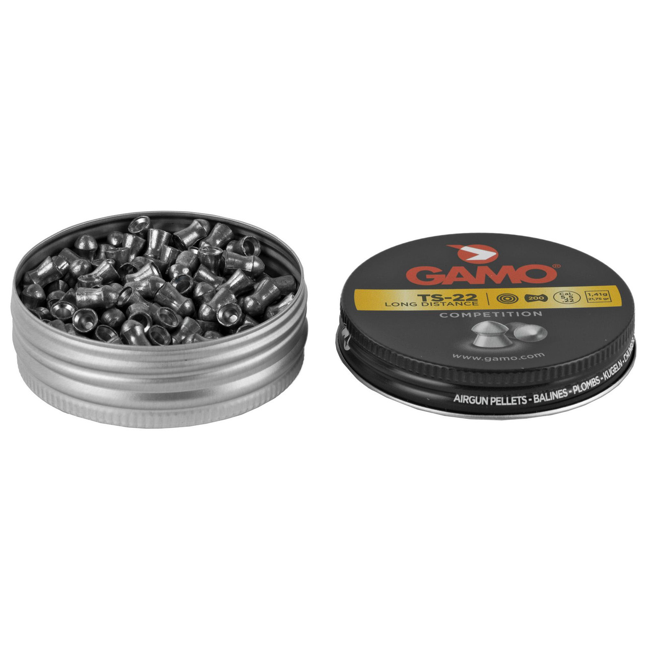 Gamo USA 632176854 TS 22 Pellet, .22 Cal 200/Pk, airgun pellets in a round tin container with lid, metallic pellets inside.