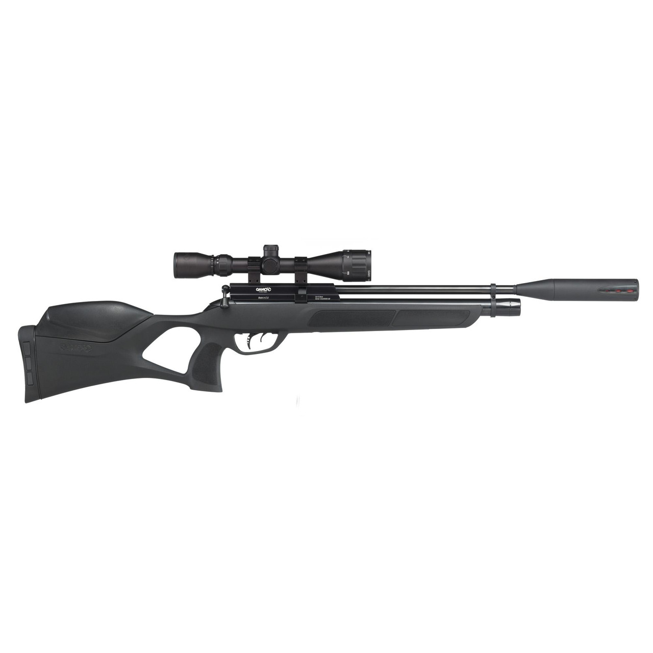 Gamo USA 600054S Urbana PCP .22 Cal Pellet Black, air rifle with scope, black stock and silencer, depiction of a high-precision air rifle used for target shooting or hunting.