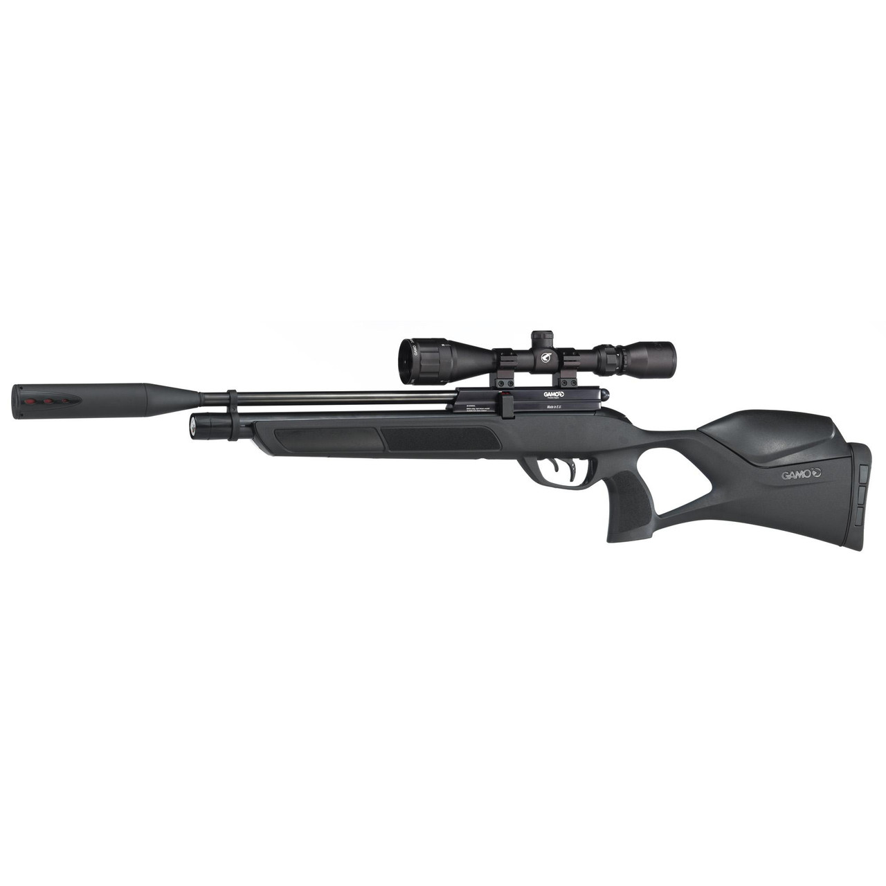 Gamo USA 600054S Urbana PCP .22 Cal Pellet Black air rifle, semi-automatic, with scope and black synthetic stock.