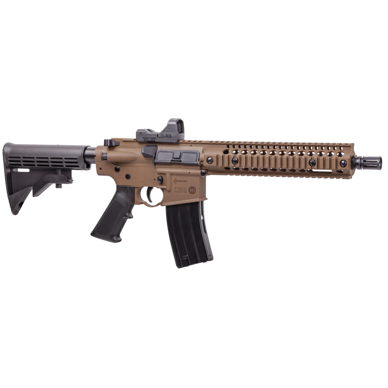 Crosman CFAR1X, tactical air rifle with a tan finish, adjustable stock, mounted iron sights, and a long Picatinny rail for accessories.