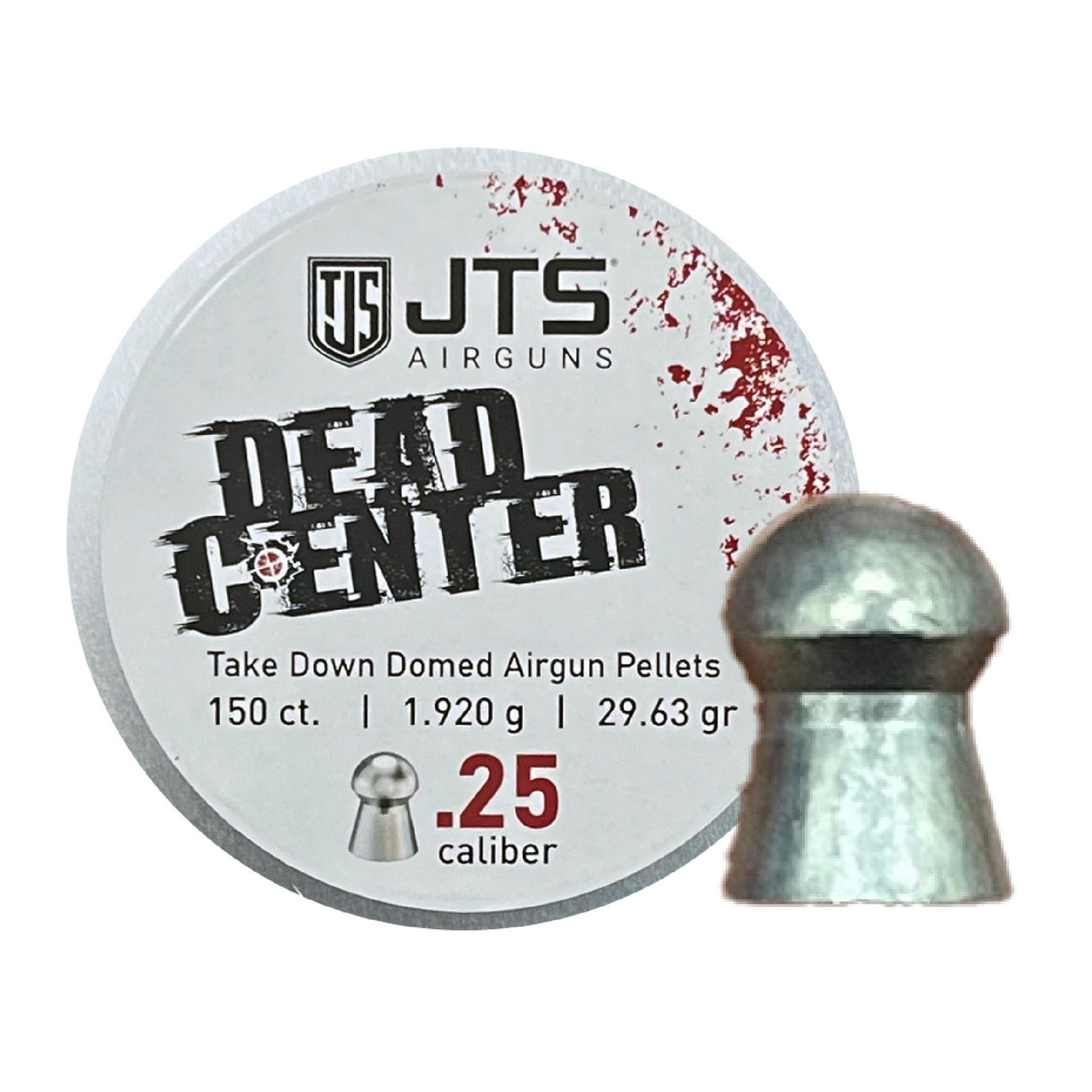 JTS Group JAC114, take down domed airgun pellets, .25 caliber, 150 count, 1.920 grams, 29.63 grains, designed for target shooting and training.