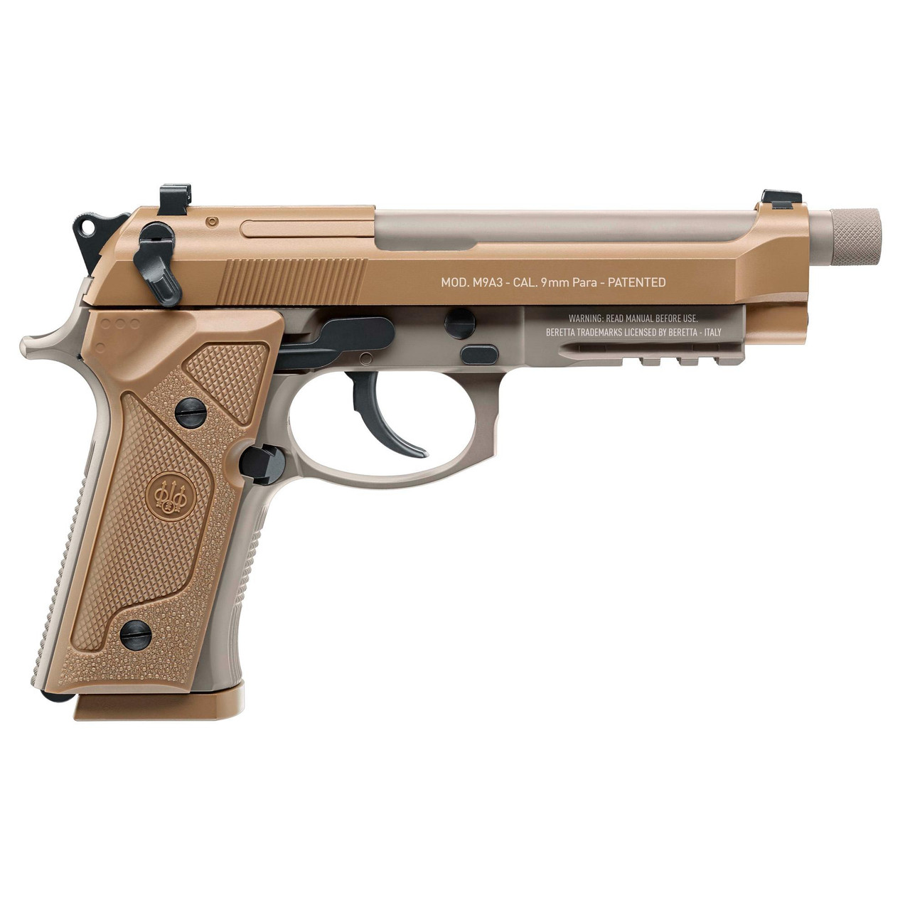 Umarex 2253024, Desert Tan faux firearm with textured grip and slide mechanism, designed for airsoft or training use.