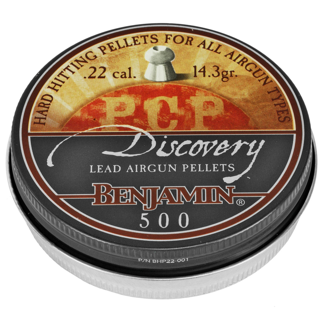 Benjamin Sheridan BHP22, a tin container of Discovery Lead Airgun Pellets with a round, black lid and a label detailing pellet specifications for airgun shooting.