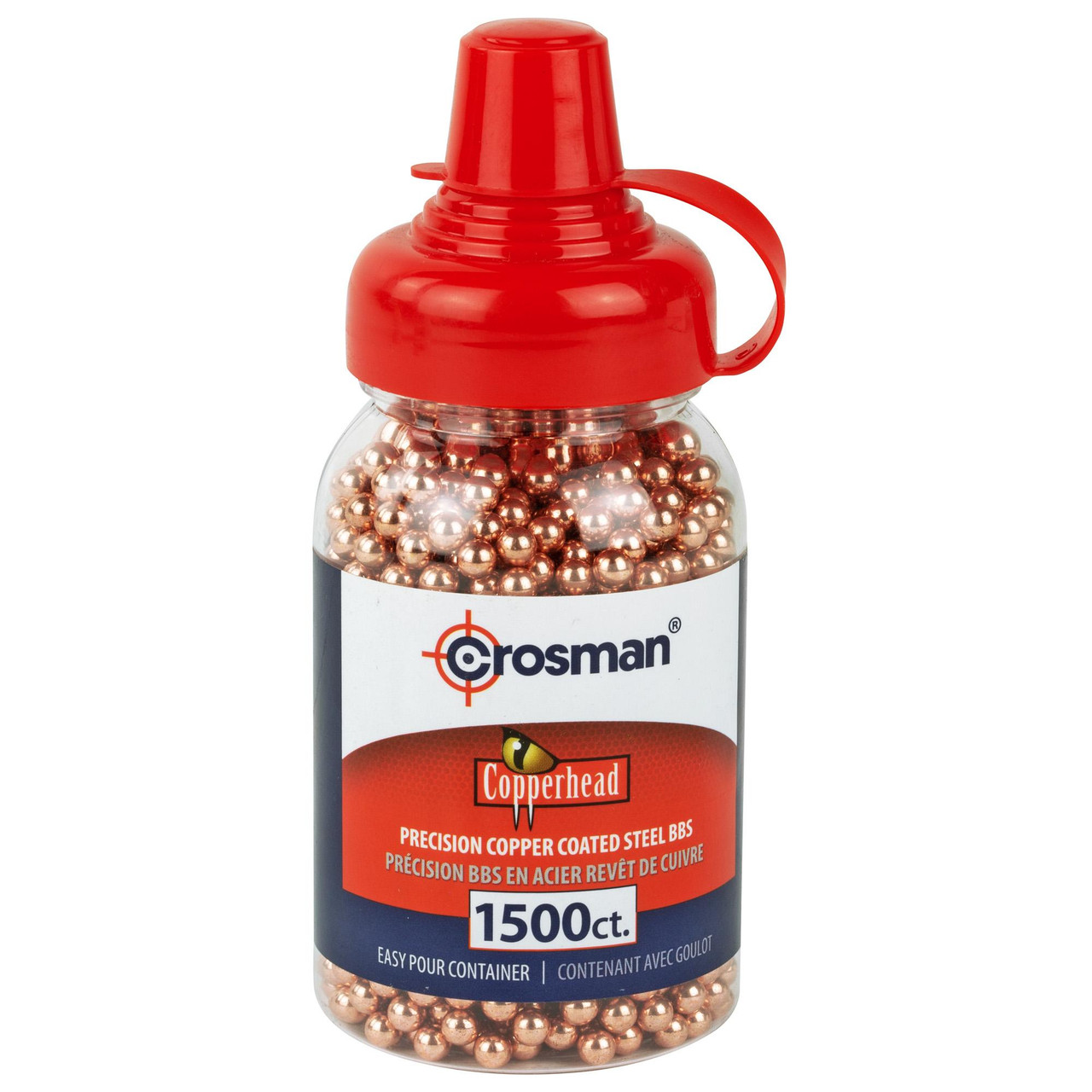 Crosman 7370, a jar of copper-coated steel BBs for air rifles and BB guns, with a red lid and label indicating 1500 count.
