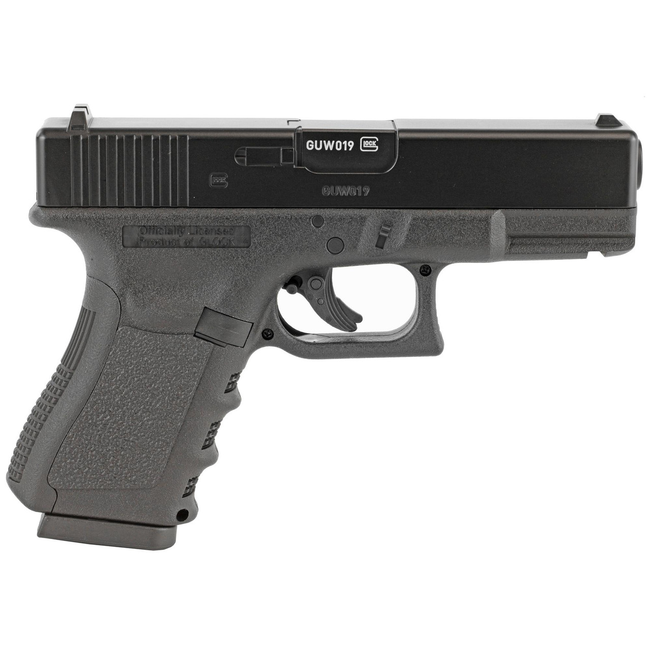 Umarex 2255200, a compact and realistic black airsoft handgun with textured grip and slide release, designed for training and recreational shooting.