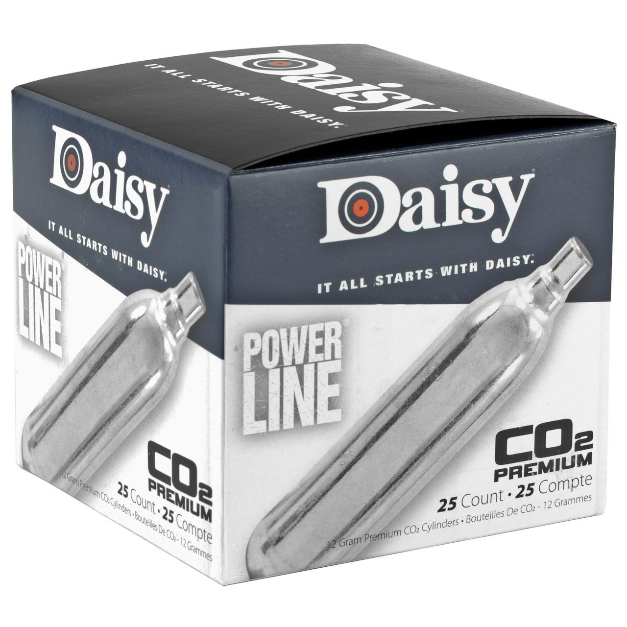 Daisy 997025-604 #7025 Co2 Cylinders 25/Bx, packaging of 25 premium CO2 cylinders from Daisy with sleek metallic design for airsoft or other uses.