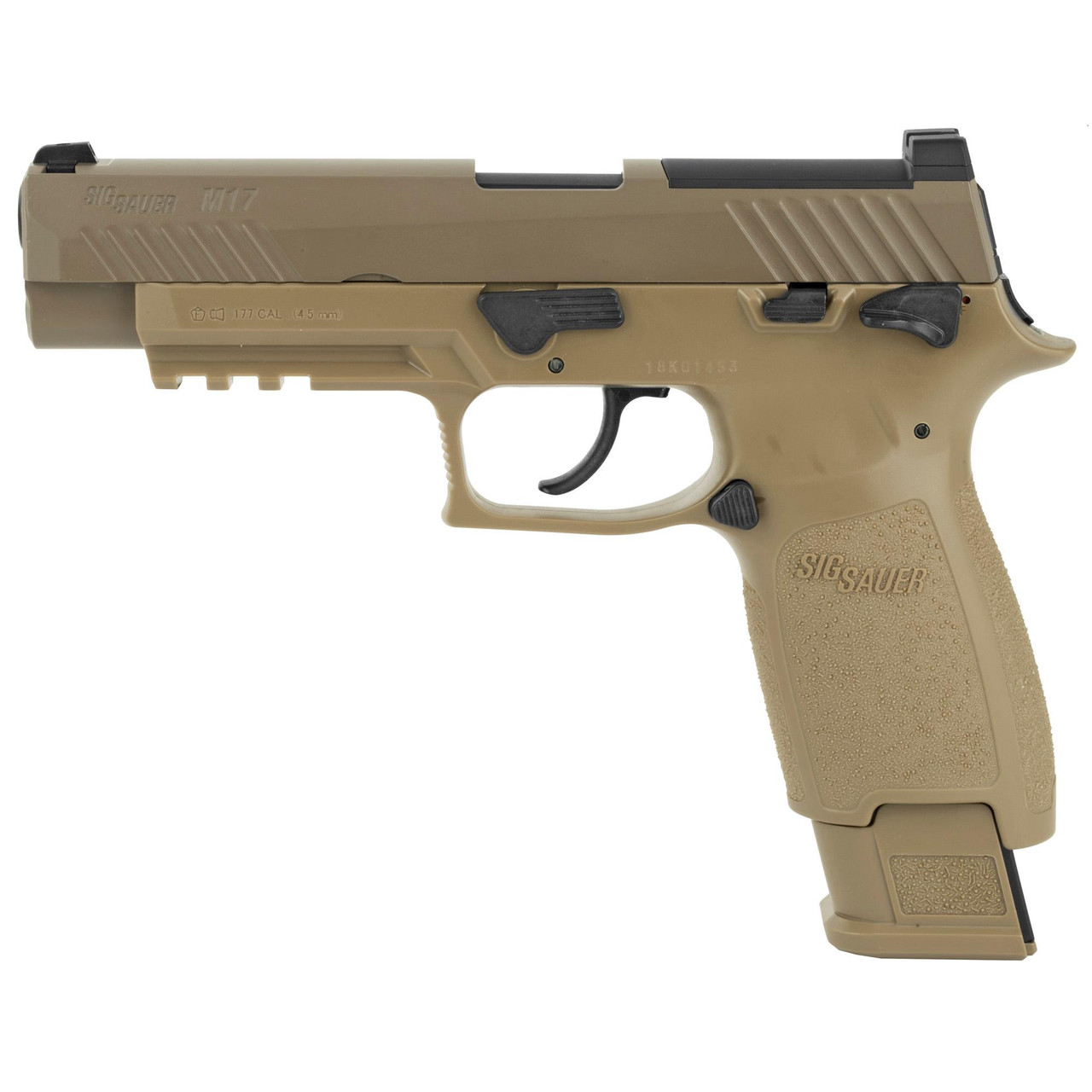 Sig Sauer AIR-M17-177 Full Blowback Air Pistol - Authentic U.S. Army M17 Replica for Realistic Training, tan and black color, detailed view of the air pistol with textured grip and safety features.