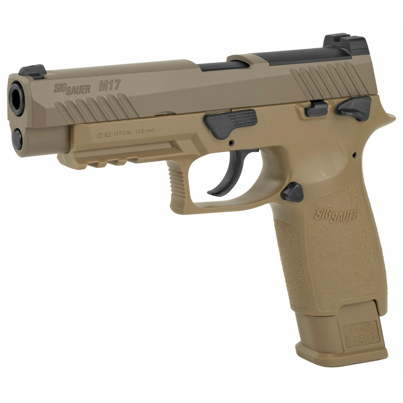 Sig Sauer AIR-M17-177 Full Blowback Air Pistol - Authentic U.S. Army M17 Replica for Realistic Training, tan and black color, semi-automatic airsoft gun with textured grip and realistic design.