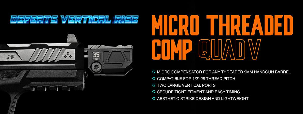 Strike Industries SI-MC-QUAD-V Micro Threaded Comp Quad V, black anodized firearm compensator with large vertical ports and sleek design.