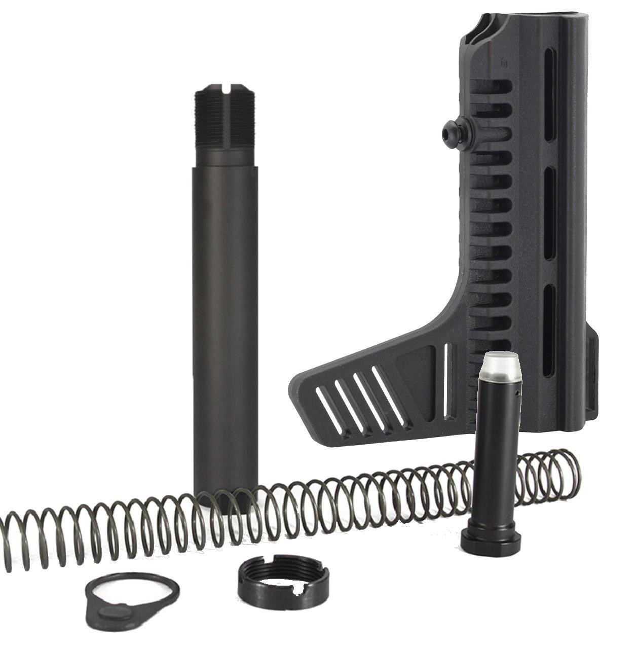 ABC SportZ Skeletonized Pistol Brace + Pistol Buffer Tube Kit Combo, black firearm accessory components including a lightweight skeletonized pistol brace, buffer tube, buffer, spring, and mounting hardware.