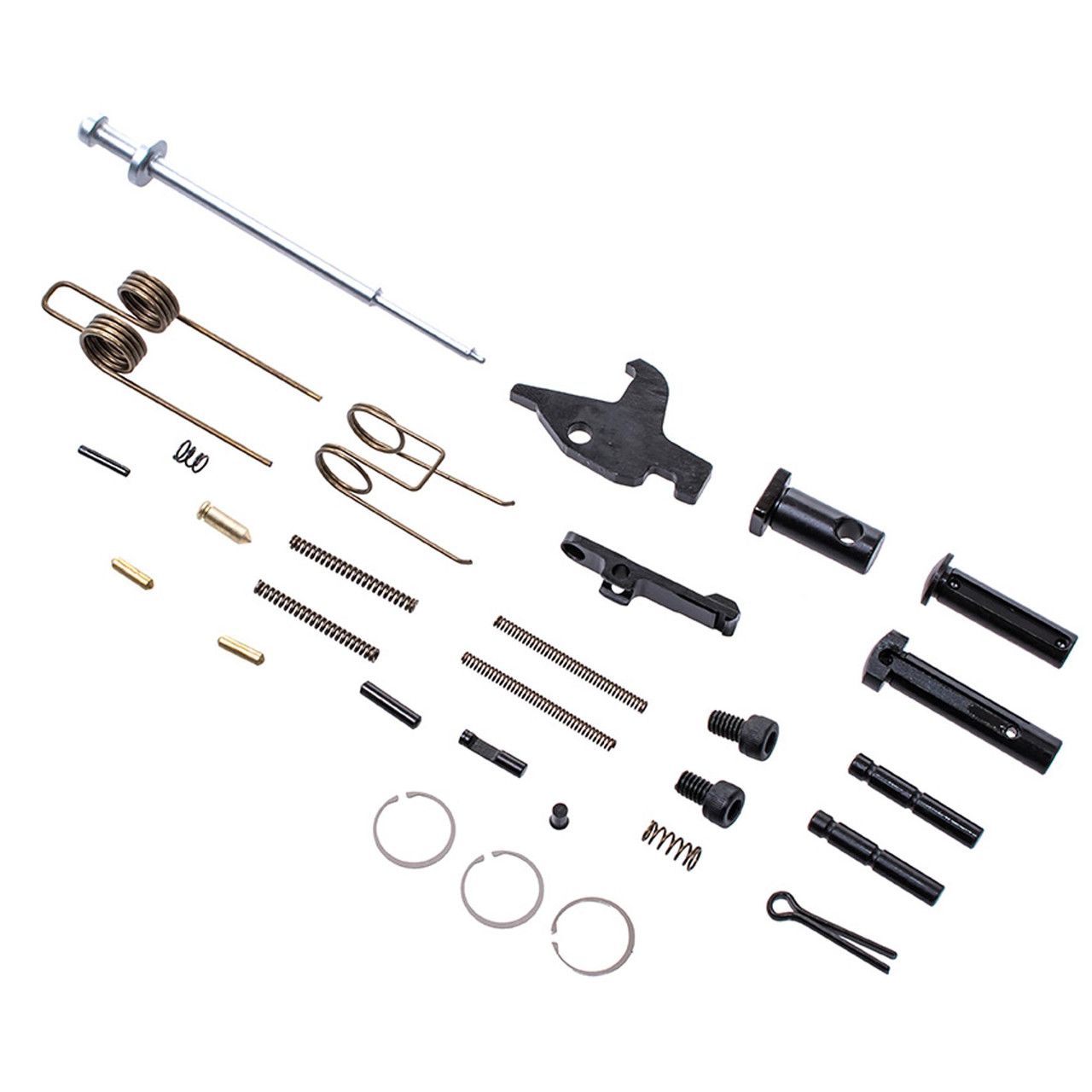 CMMG 55AFFB4 AR15 Survival Parts Kit - Premium Quality Components for Durability & Reliability, detailed view of various rifle parts, springs, pins, and connectors laid out on a white background.