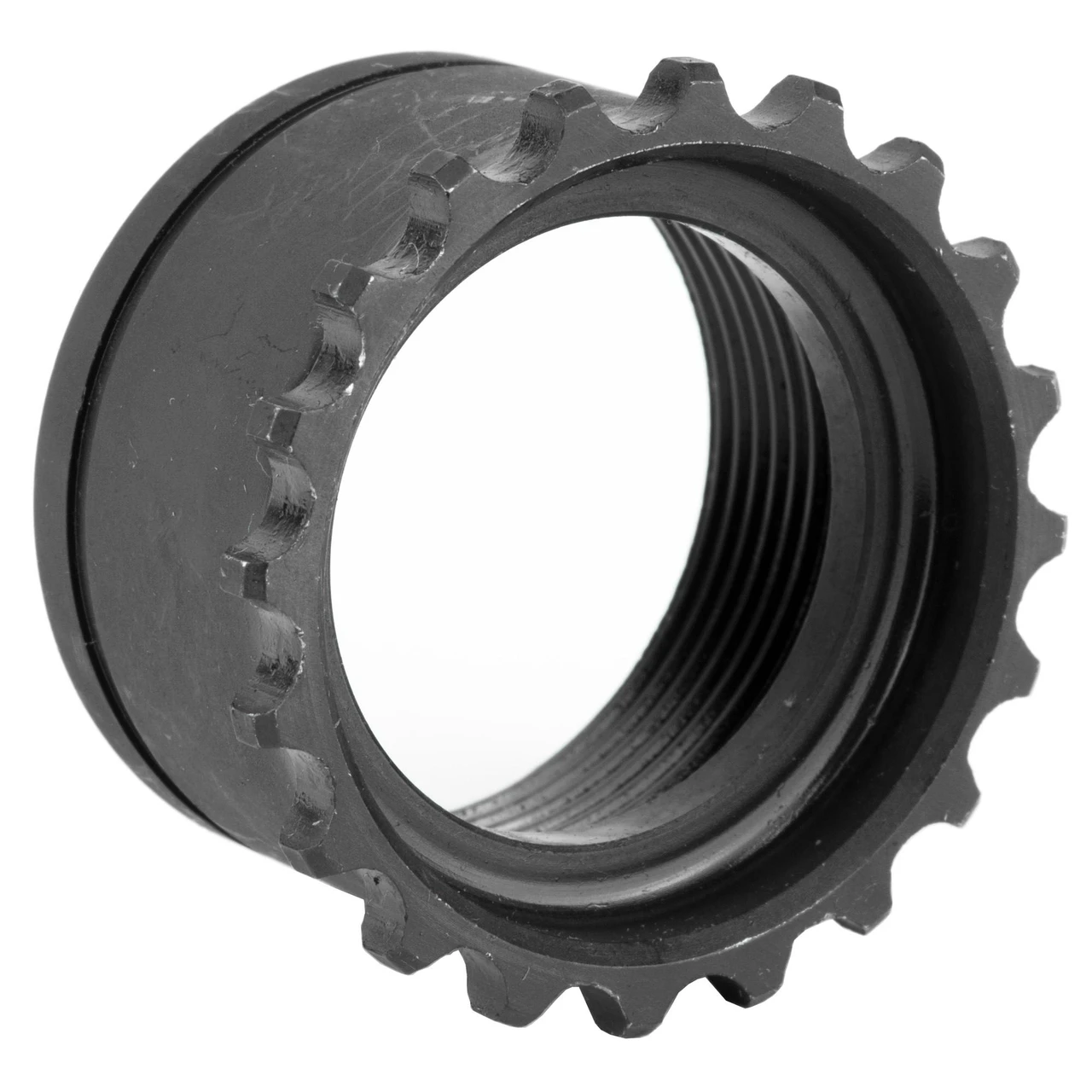 CMMG 55DA296 AR-15 Barrel Nut, black metal component with external teeth for secure attachment during rifle builds and repairs.