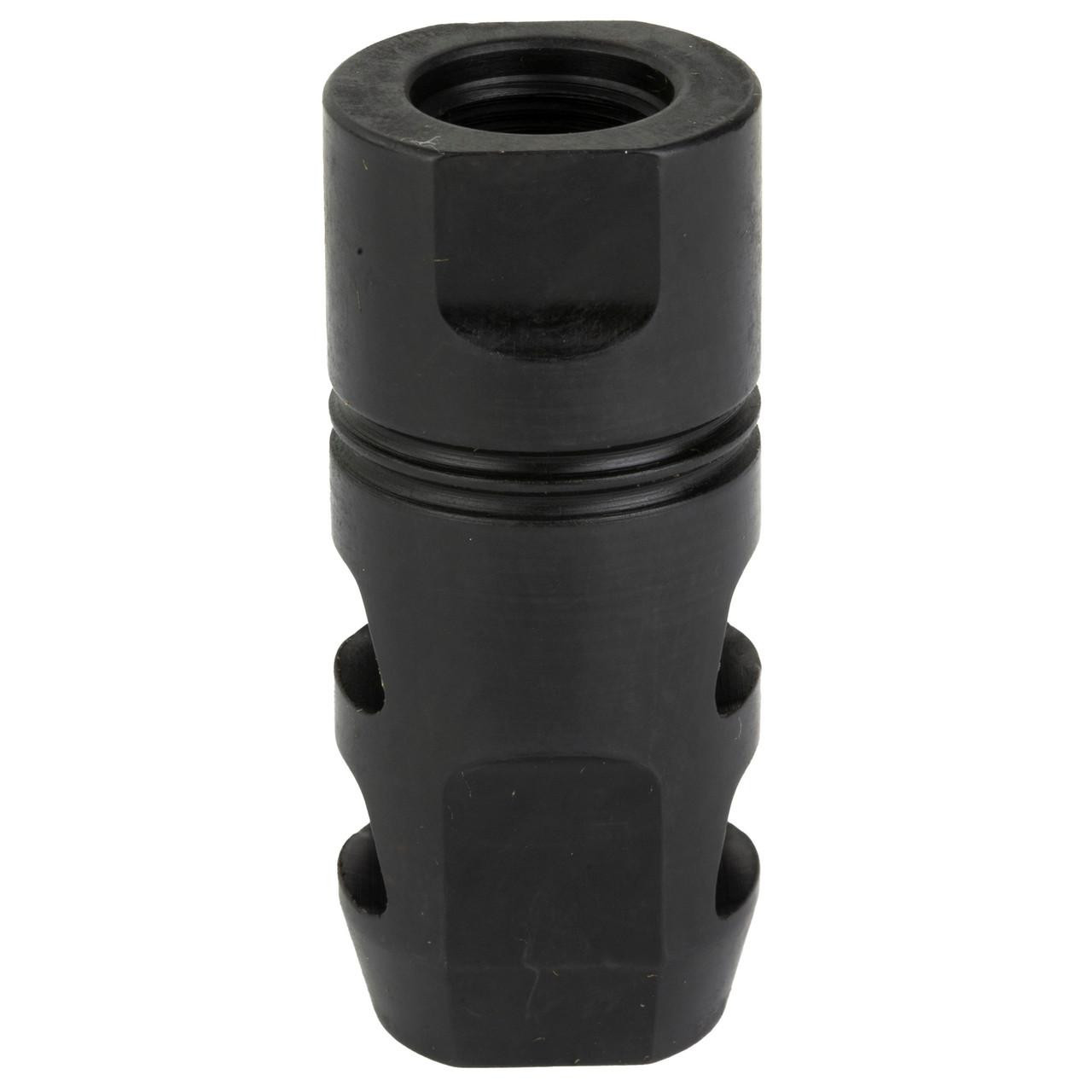 CMMG 55DA525 ZEROED MUZZLE BRAKE 5.56, firearm muzzle brake in black with a compact, cylindrical design and grooves for recoil reduction.