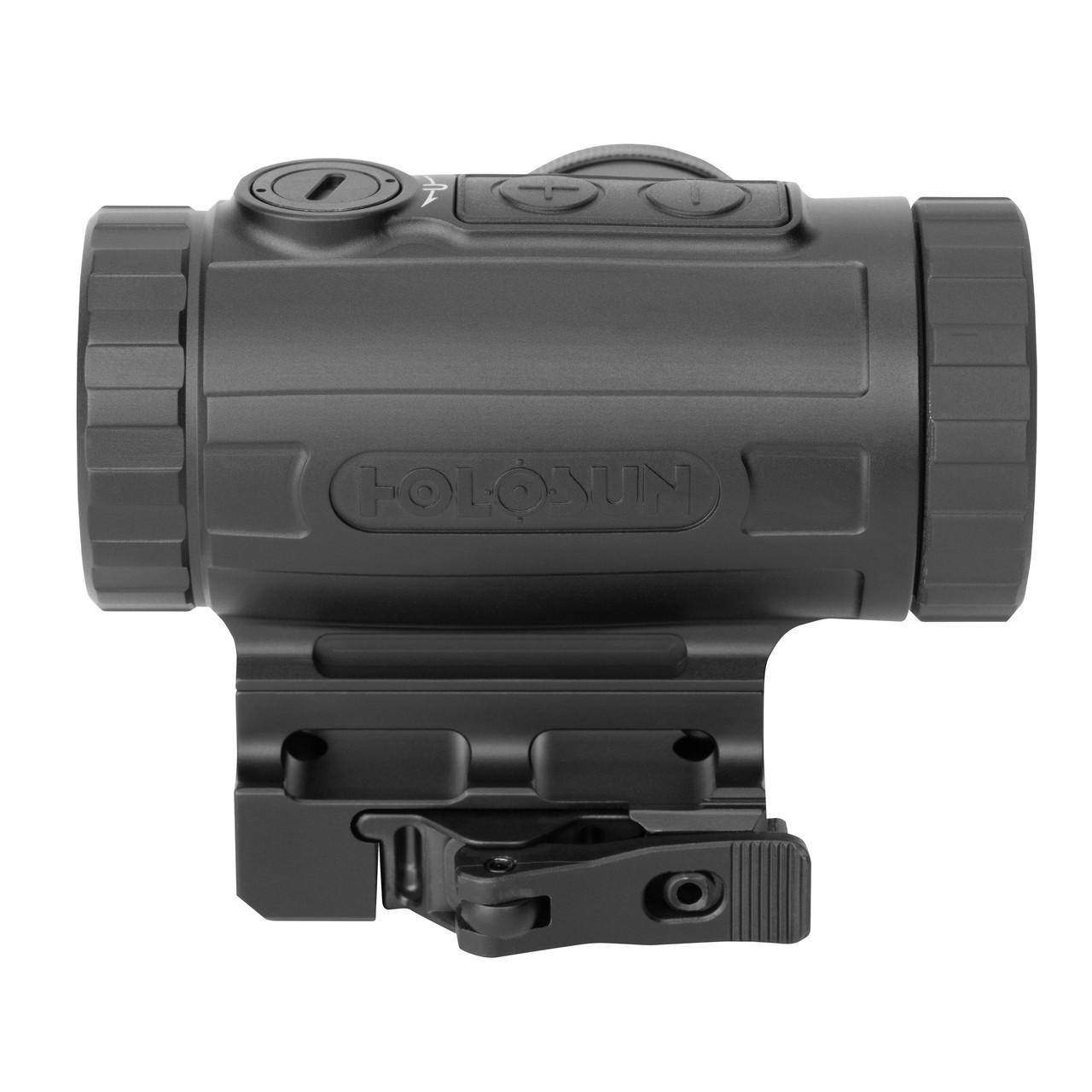 Holosun Technologies MP3X-BDC 3X24 Prism Scope Qd Mount, close-up view of the compact tactical scope with mounting system and controls.