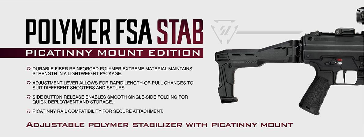 Strike Industries SI-FSA-SP-STAB Adjustable FSA Polymer Stabilizer with Picatinny Mount, black polymer stabilizer attached to a firearm's stock with Picatinny rail mount.