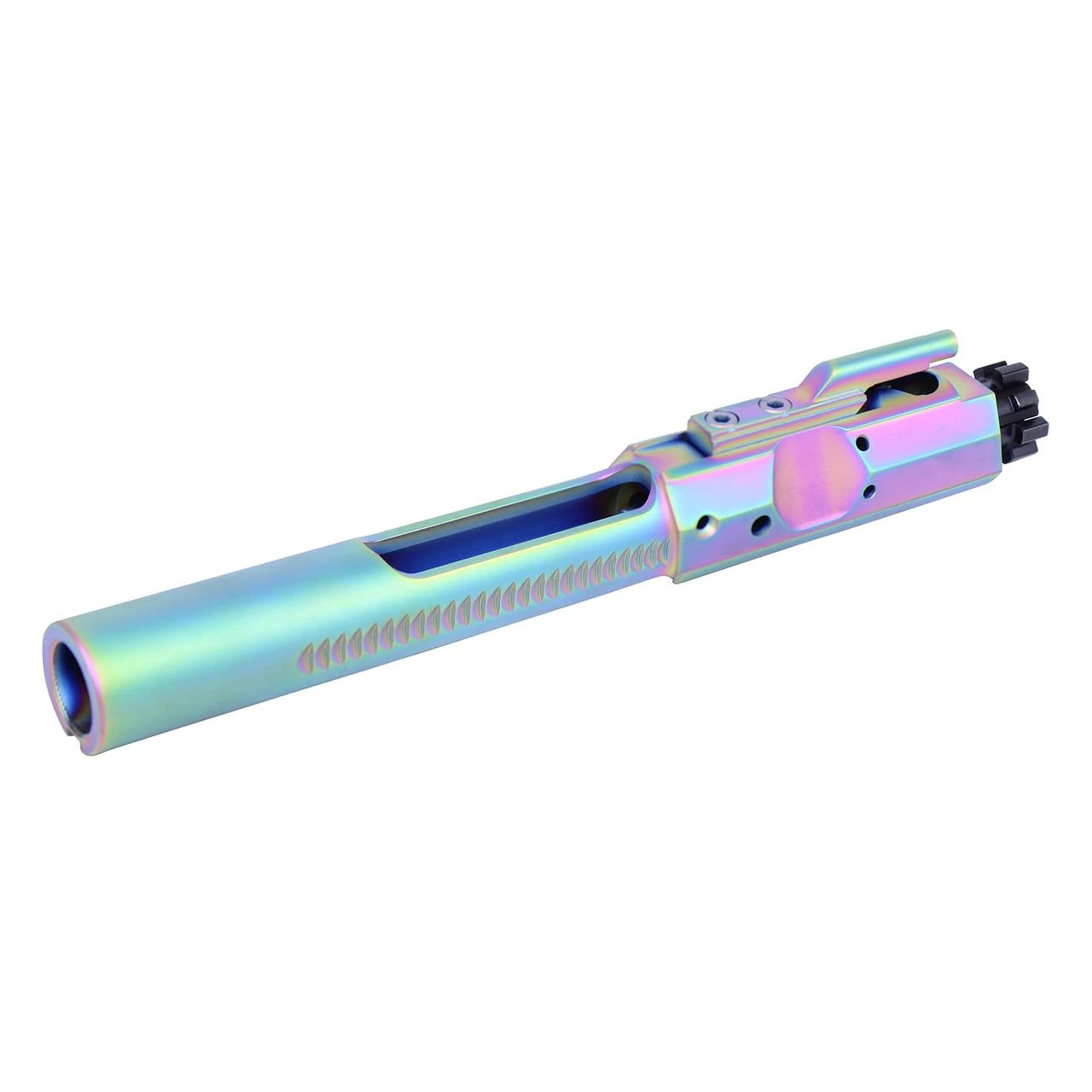 Guntec USA GT-BCG-308-RPVD AR .308 Cal Bolt Carrier Group MIL-SPEC BCG Rainbow PVD Coated, close-up view of the rainbow-colored bolt carrier group with detailed machining and coating.