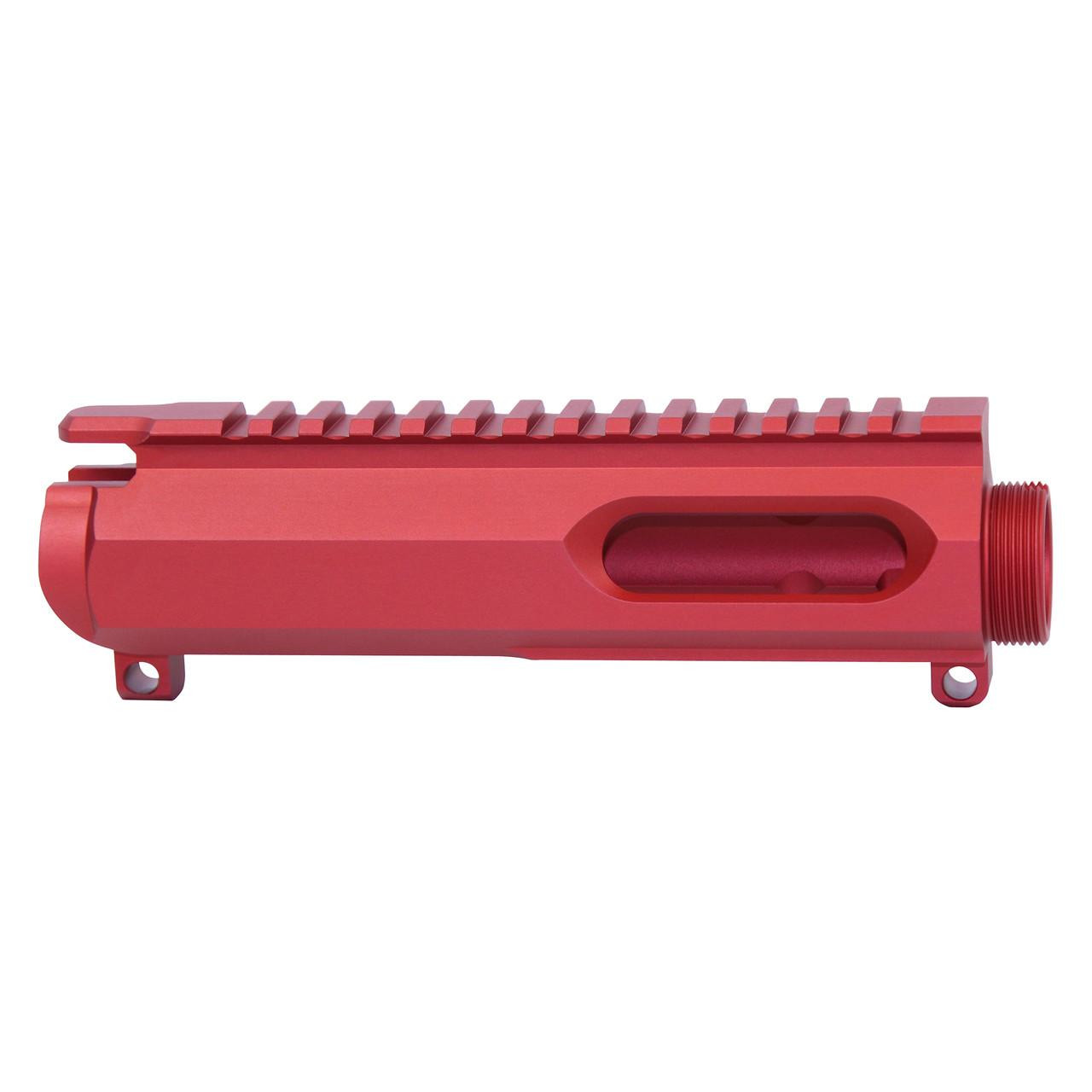 Guntec USA GT-UPPER-9-RED AR-15 9mm Dedicated Stripped Billet Upper Receiver, anodized red with Picatinny rail and threaded end.