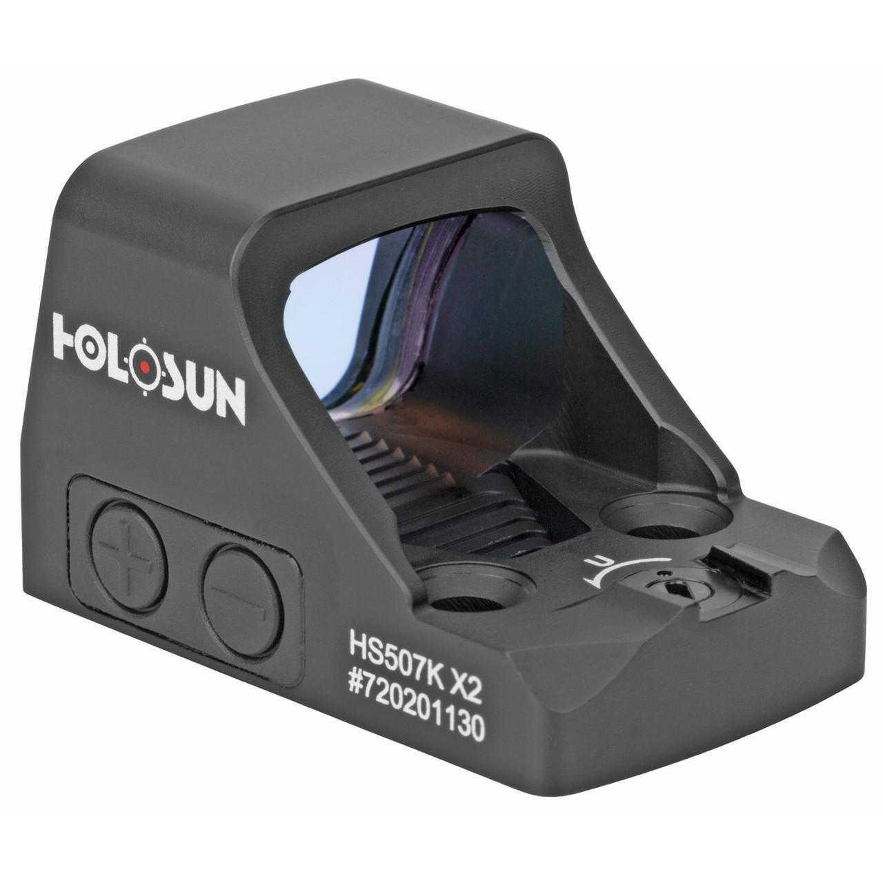 Holosun Technologies Holosun 507K Multi-Reticle Compact Pistol Red Dot Sight with Shake Awake Technology, black and compact design with adjustable buttons and a clear lens for aiming.