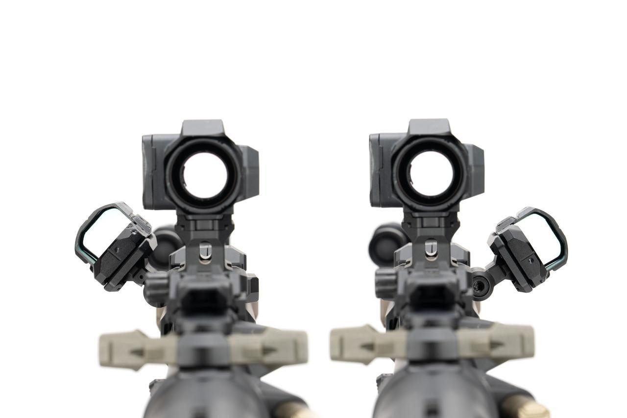 Strike Industries SI-ROM Rotatable Optic Mount, close-up view of mounted optics on rifles.
