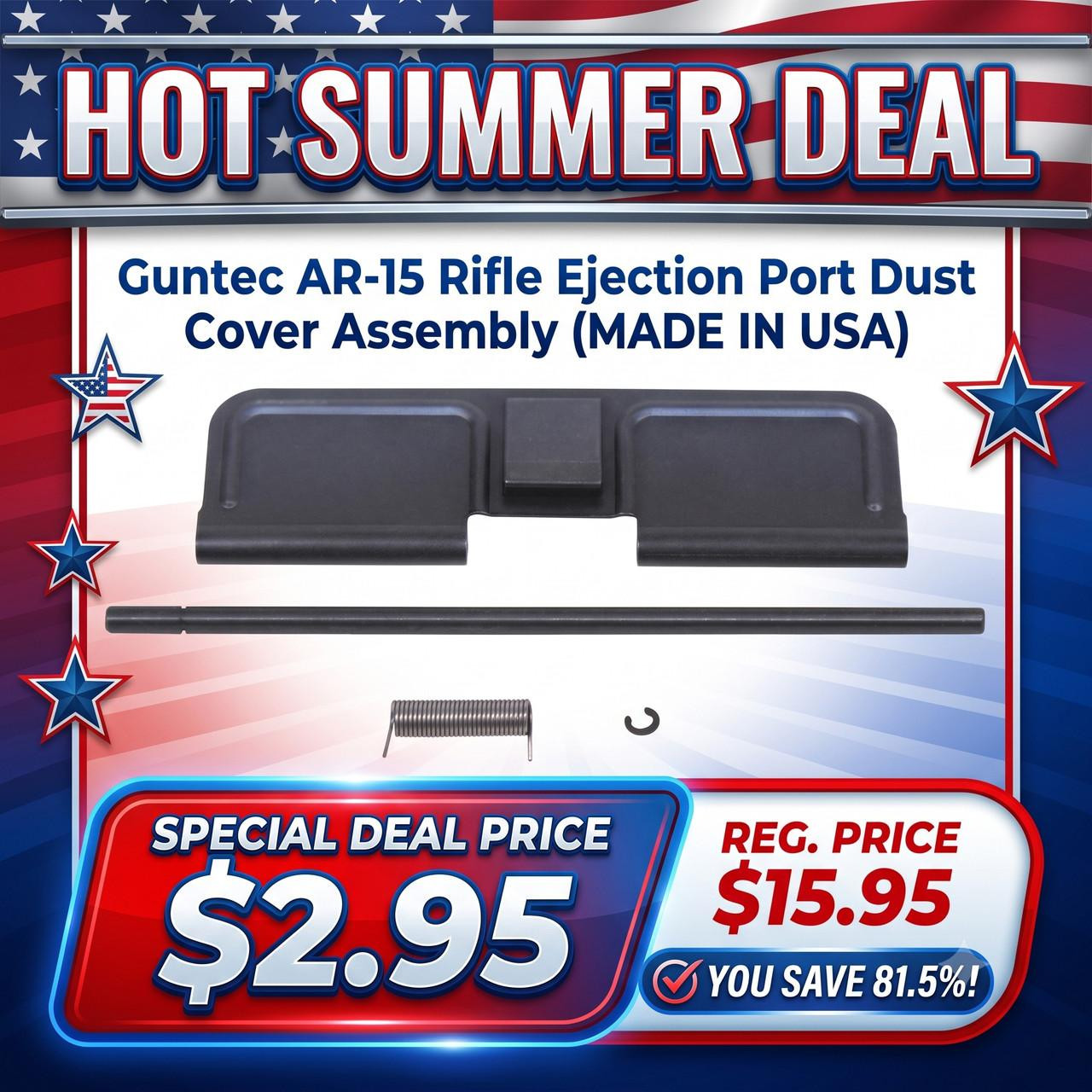 Guntec USA 223GATE AR-15 Rifle Ejection Port Dust Cover Assembly, made in USA, black color with key components displayed.