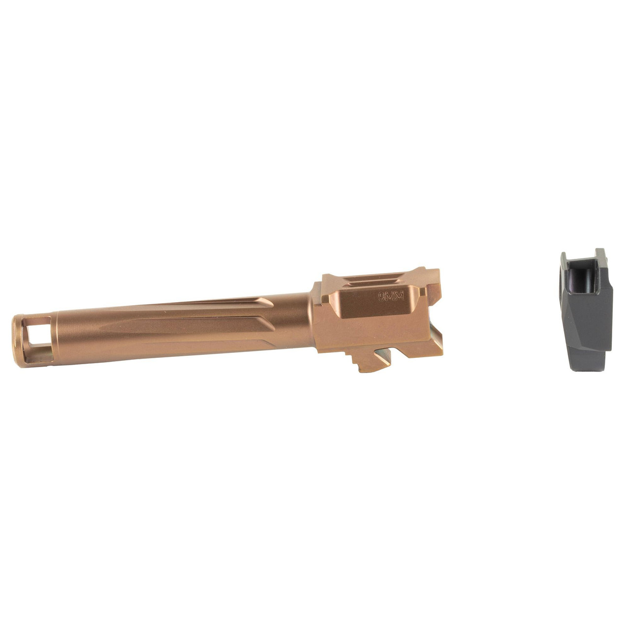 Radian Weapons R0835, firearm barrel and bolt carrier group components in a bronze finish with a separate black bolt. The image focuses on tactical firearm parts used for weapon customization and upgrades.