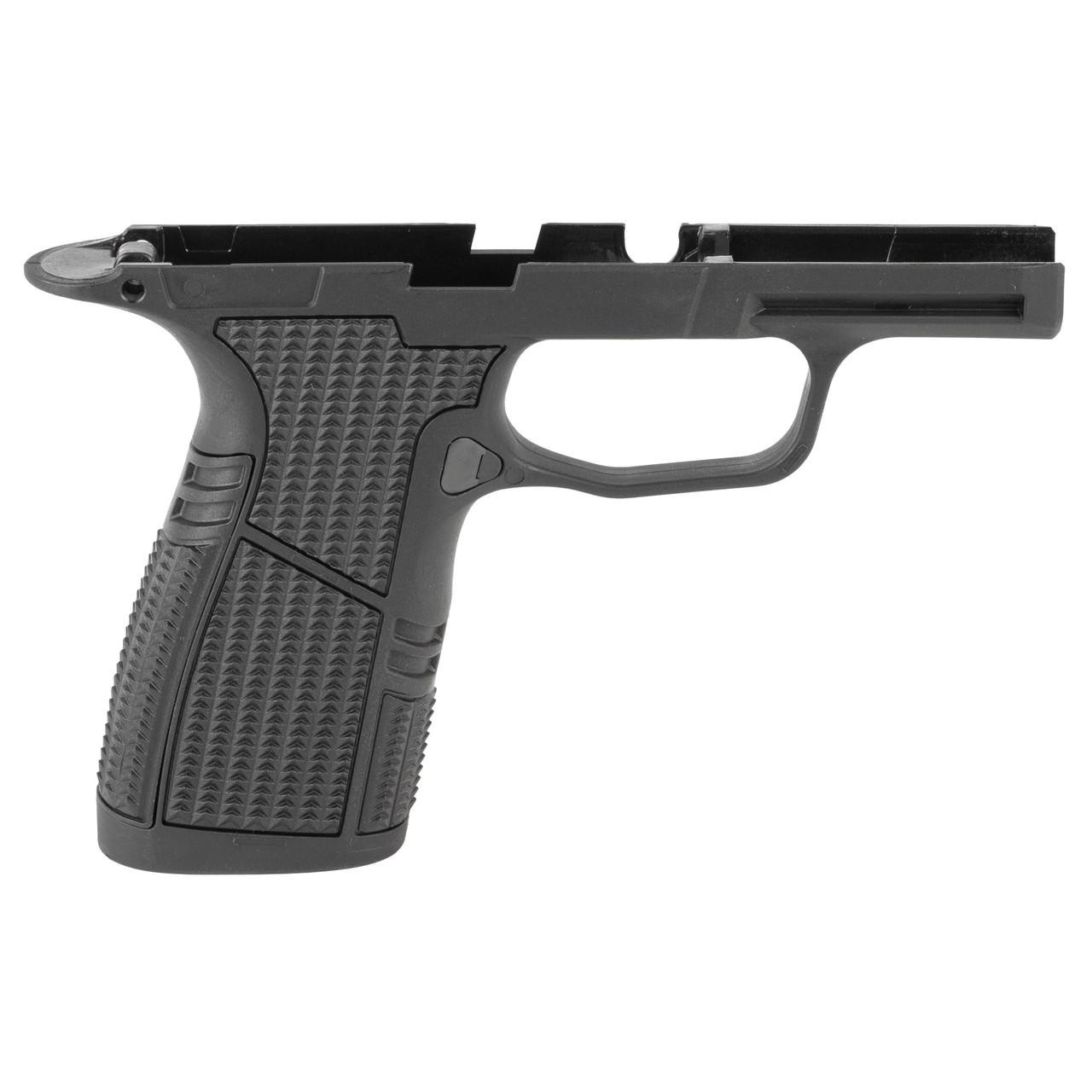 Tyrant CNC TD-P365GRM-SNUB-BLK | P365 Grip Module Snub Size - Compact Efficiency, image of a black polymer pistol grip module for a firearm, featuring textured grip surfaces for secure handling.