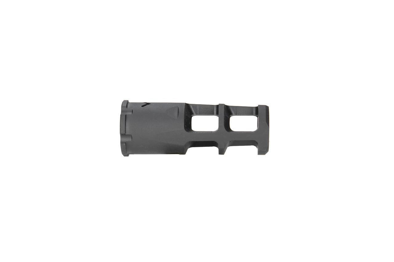 Strike Industries SI-AK-GHOST-7.62 XLogic AK Ghost Muzzle Brake, black firearm muzzle device with venting slots for recoil reduction.
