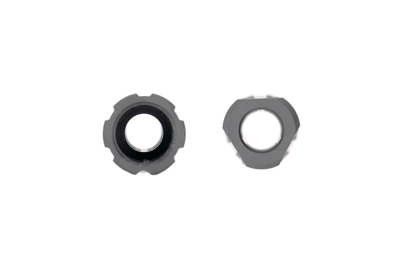 Strike Industries SI-AK-GHOST-7.62 XLogic AK Ghost Muzzle Brake, two metal muzzle brake components with a matte gray finish and black interior, designed for AK rifles gun accessories.