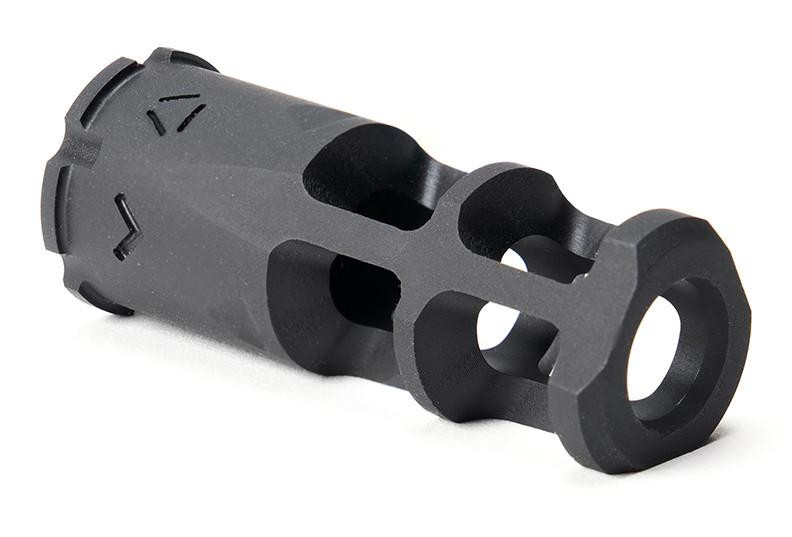 Strike Industries SI-AK-GHOST-7.62 XLogic AK Ghost Muzzle Brake, black firearm muzzle device with a perforated and vented design.