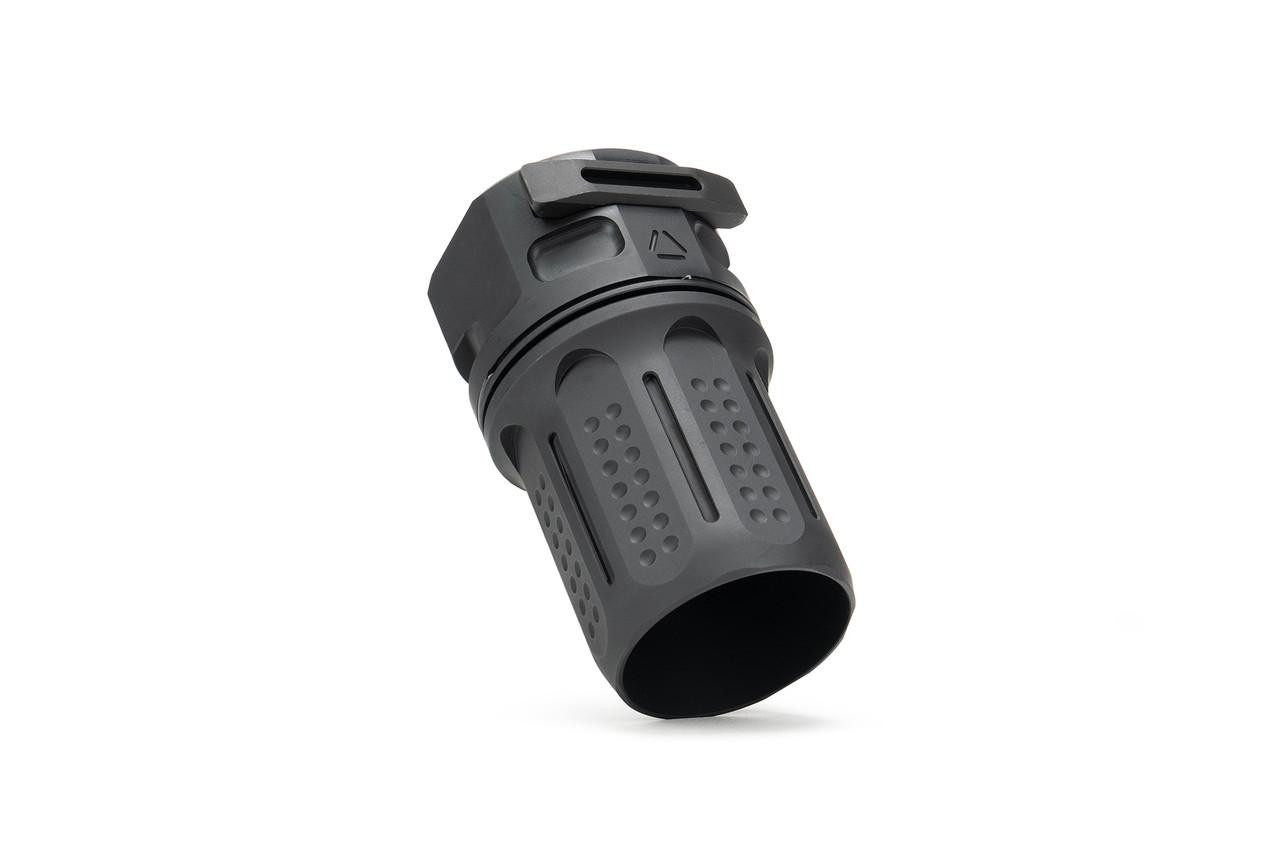 Strike Industries SI-BS-OPP-SF-BK Oppressor SF, a black firearm sound suppressor with a textured grip and mounting mechanism.