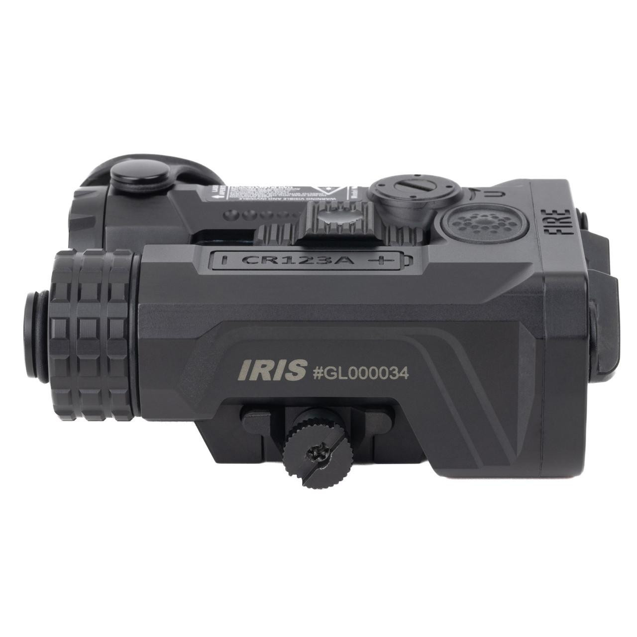 Holosun Technologies IRIS-GR3 IRIS 3 GR & VCSEL IR LASERS, close-up view of a compact black laser device with textured grip, adjustment dials, and branding details.