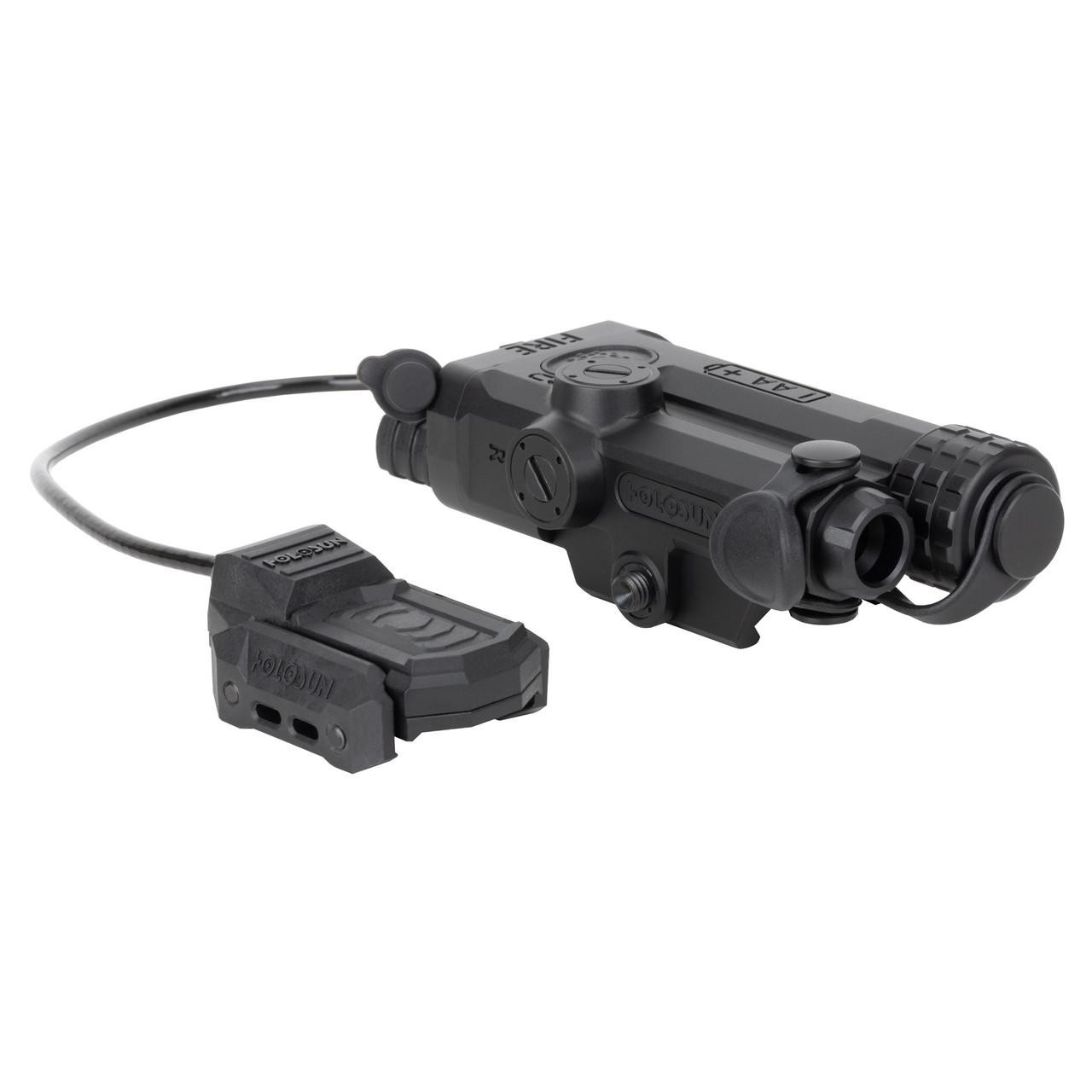 Holosun Technologies Holosun IRIS-IR1 Infrared Laser System - Tactical Rail-Mounted IR Laser with Remote Activation, black infrared laser device with cable and remote control attached.