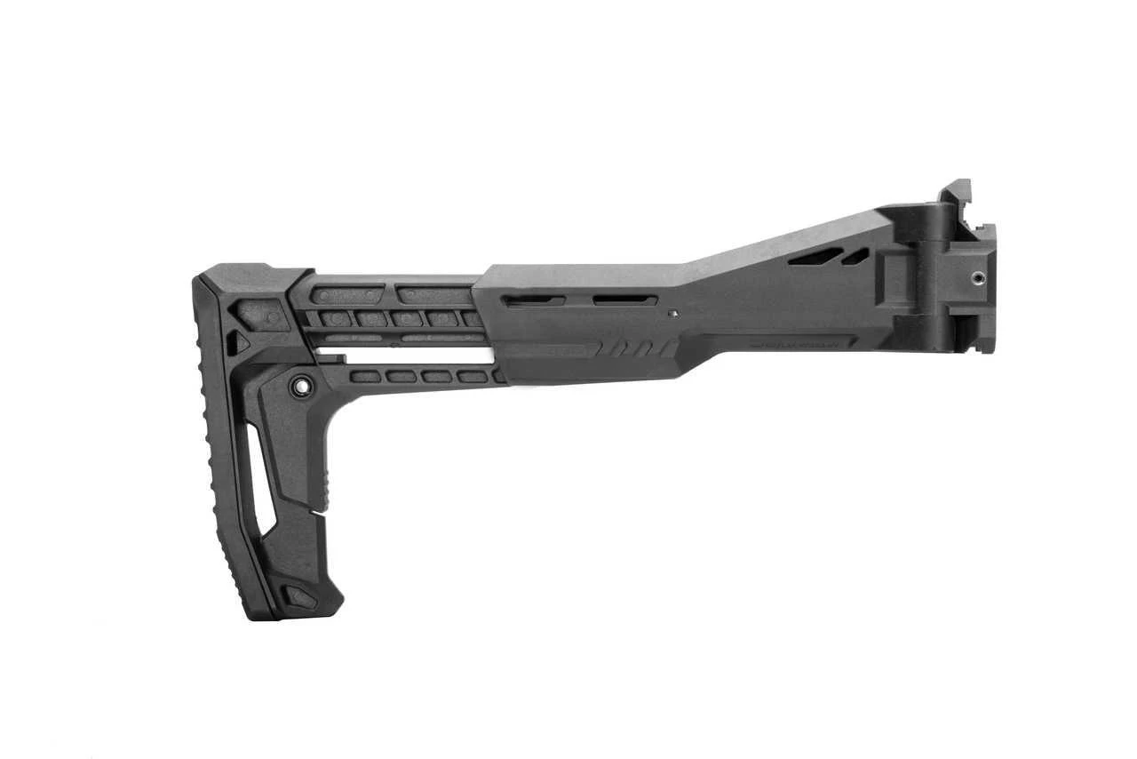 Strike Industries SI-FSA-SPCZ Single Side Folding Adapter for the CZ Scorpion EVO3 and 3Plus, black tactical stock or stabilizer with foldable side mechanism.