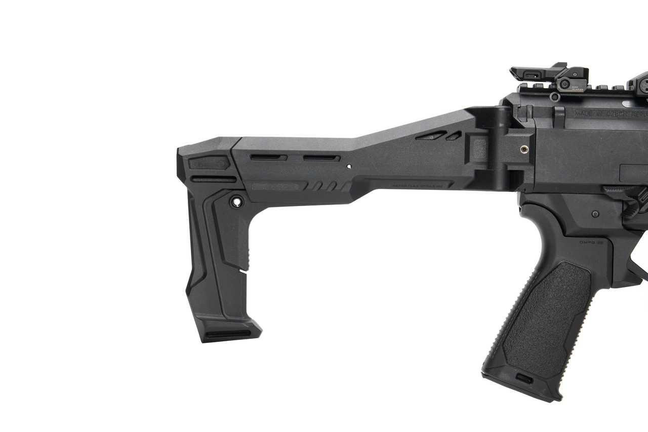 Strike Industries SI-FSA-SPCZ Single Side Folding Adapter for the CZ Scorpion EVO3 and 3Plus, close-up of the black folding adapter attached to the stock of an EVO3 firearm.